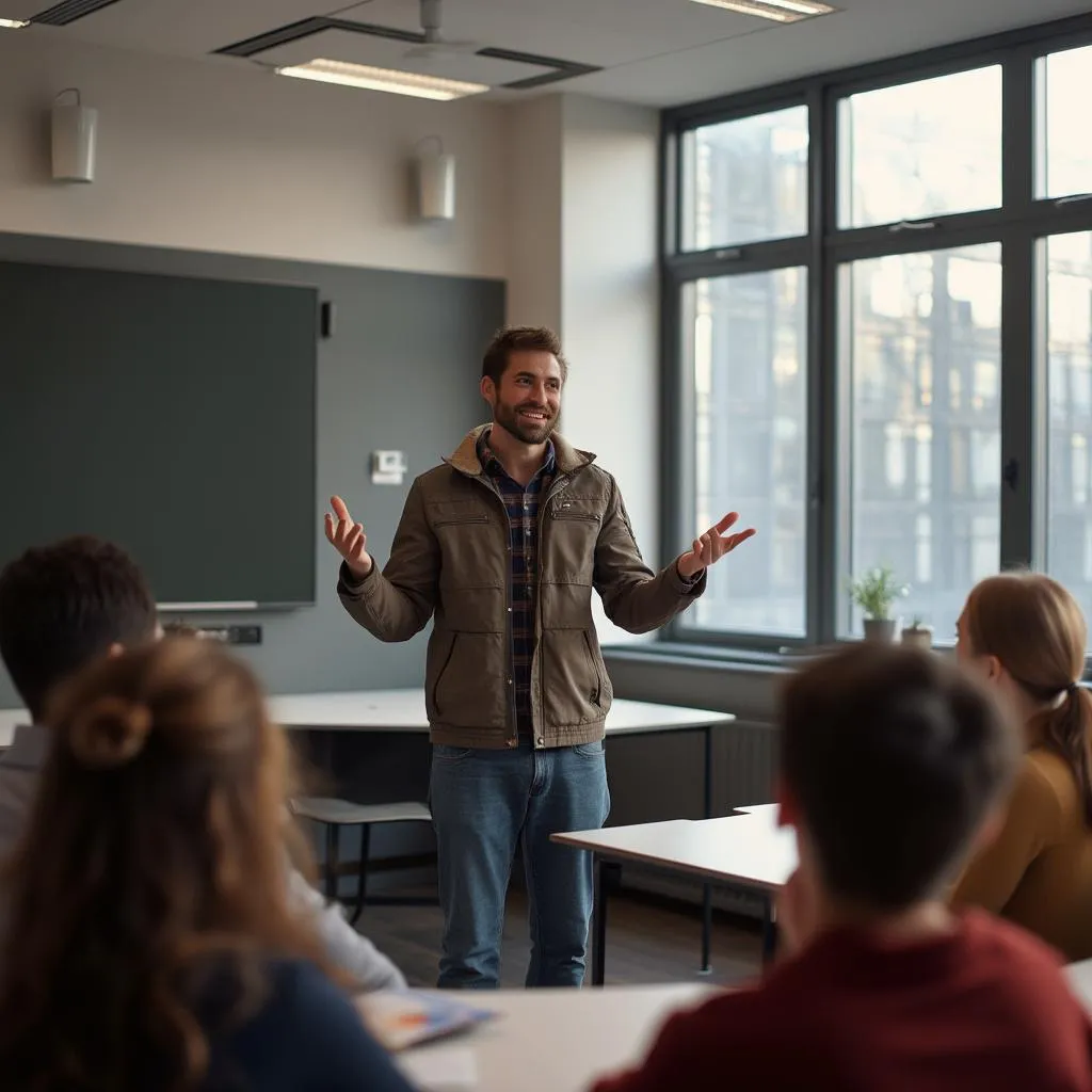 Curso básico de oratoria con instructor enseñando a un pequeño grupo